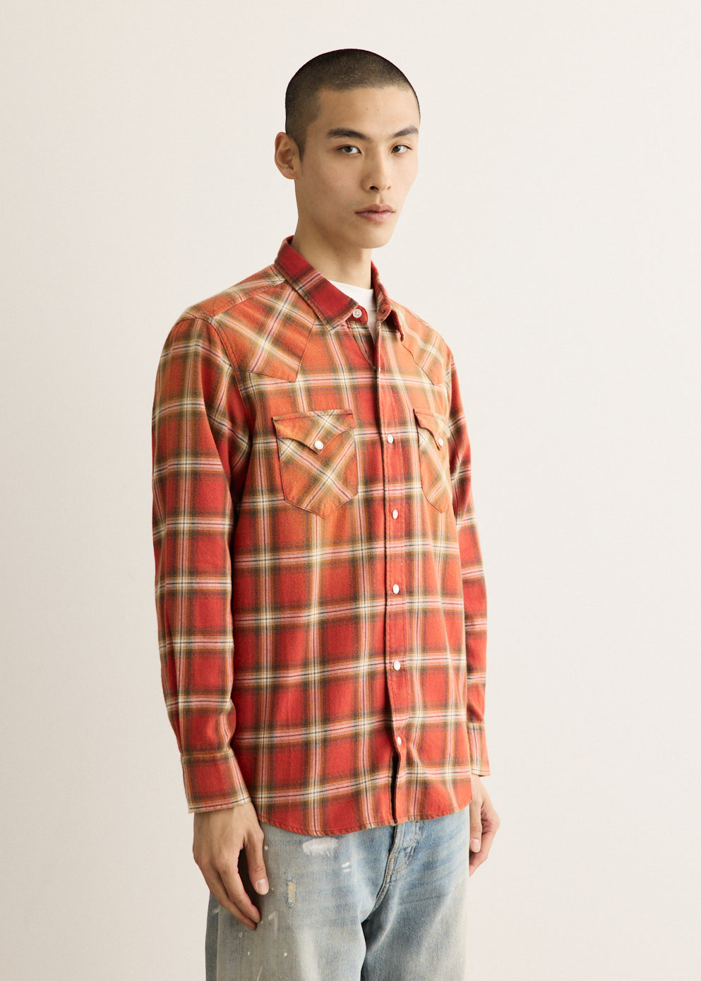 Relaxed Fit Flannel Shirt with Western Yoke and Button Front, Long Sleeves