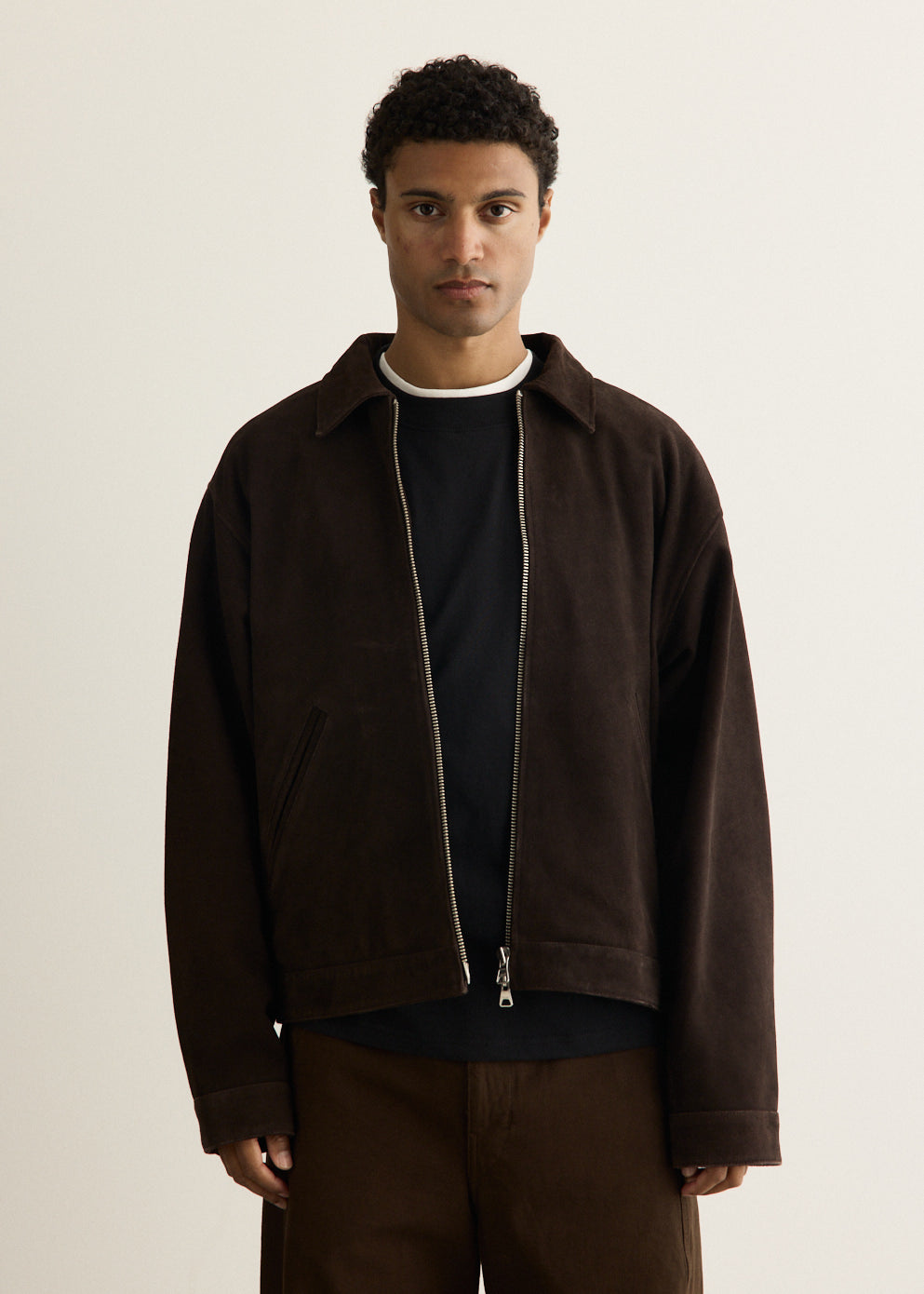 Goat Suede Motorcycle Jacket with Two-Way Zipper and Long Sleeves