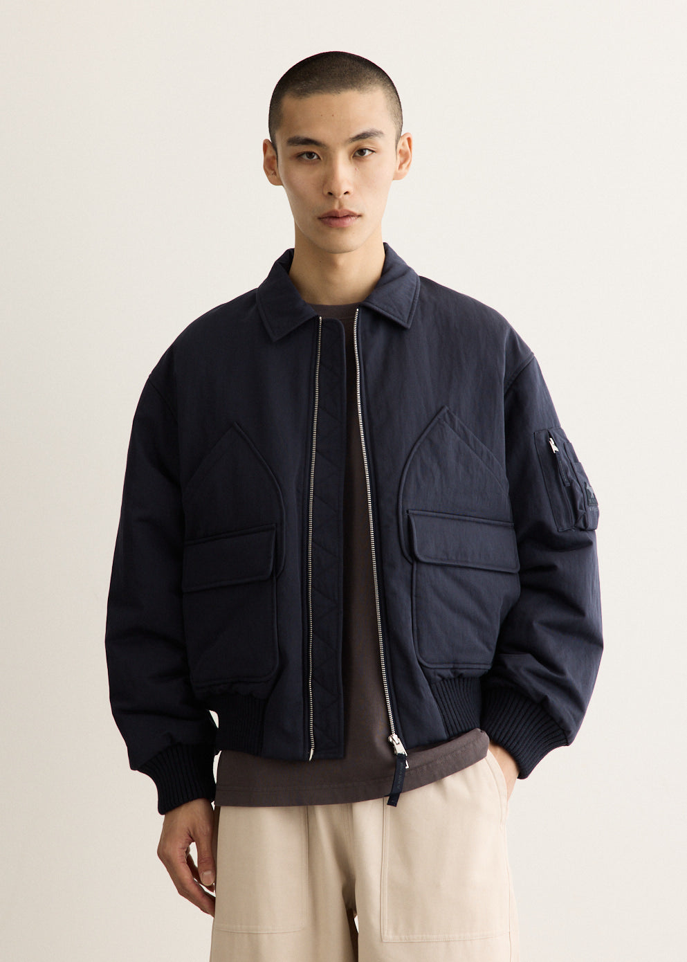Cotton Nylon Twill Bomber Jacket with Zip Closure and Multiple Pockets