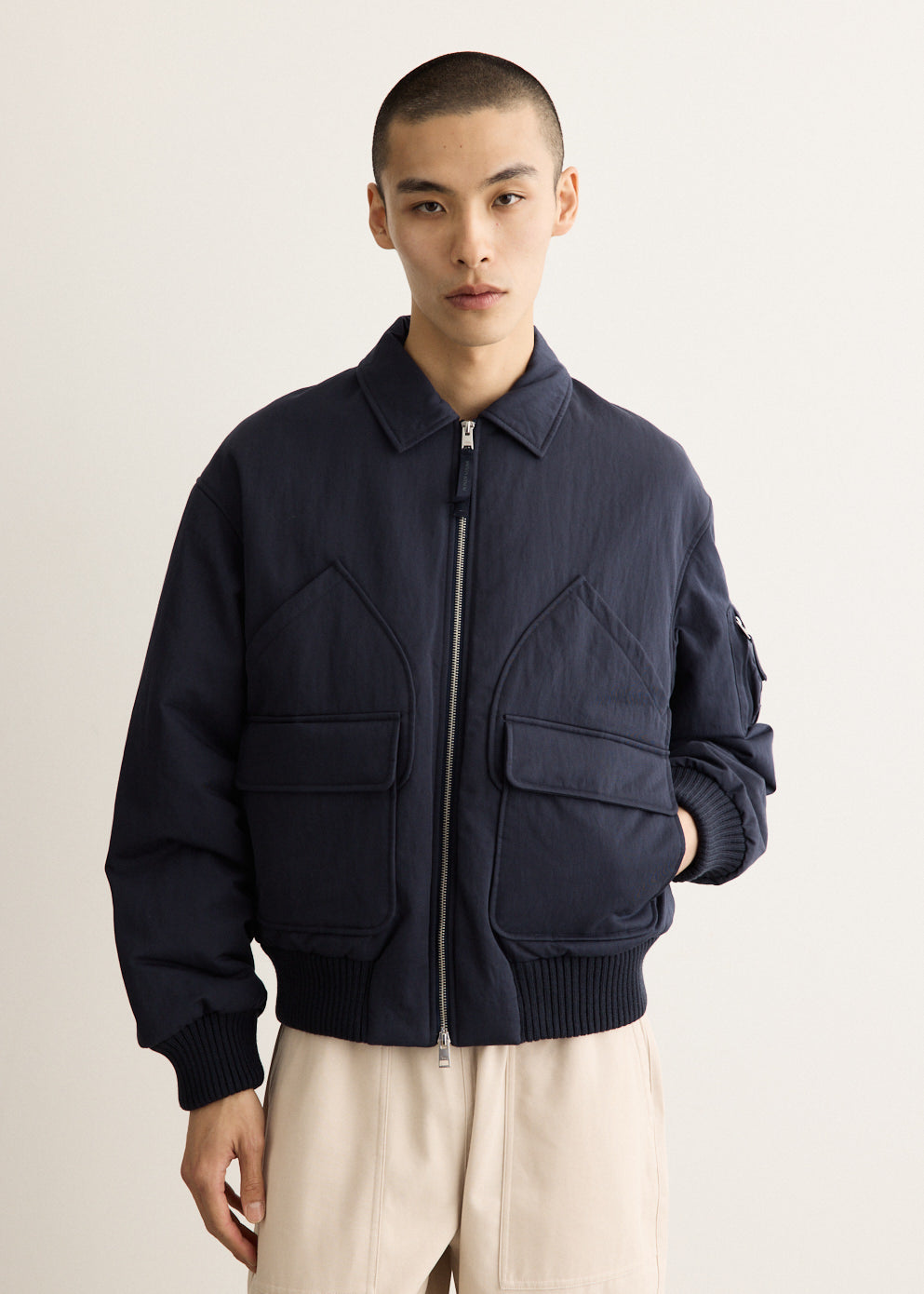 Cotton Nylon Twill Bomber Jacket with Zip Closure and Multiple Pockets