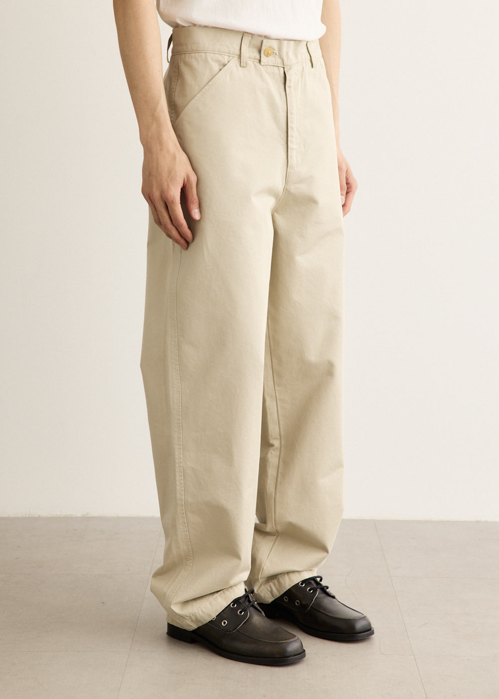Wide Leg Cotton Twill Chino Pants with Mid-Rise Waist and Relaxed Fit