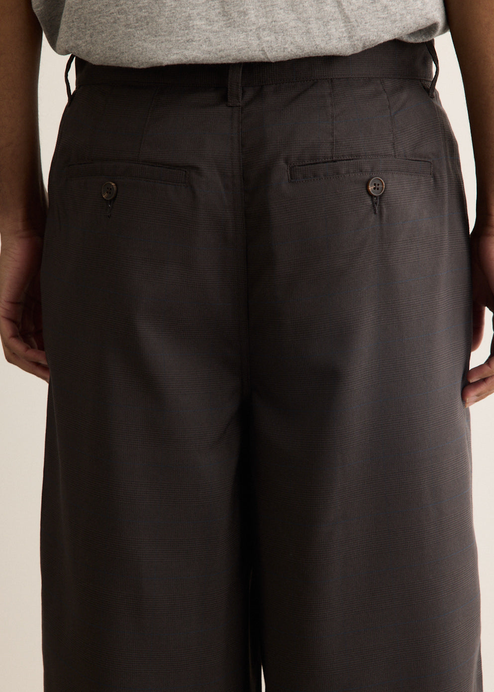 Charcoal Check Wide Leg Pants with Front Pleats and Zip Fly