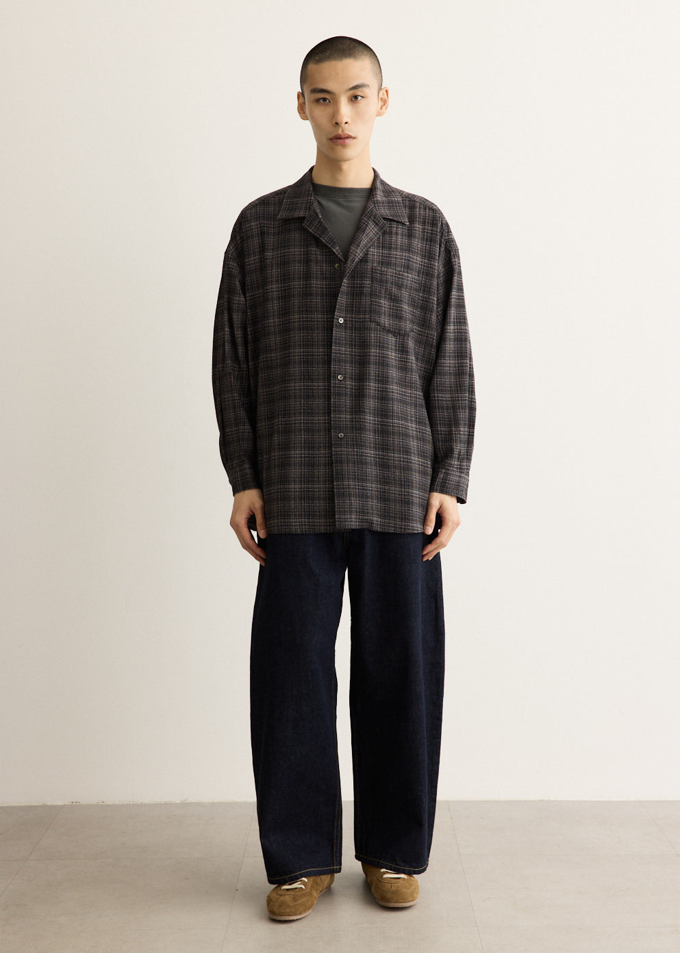 Wool Lawn Check Shirt with Open Collar and Dropped Shoulders, Oversized Fit