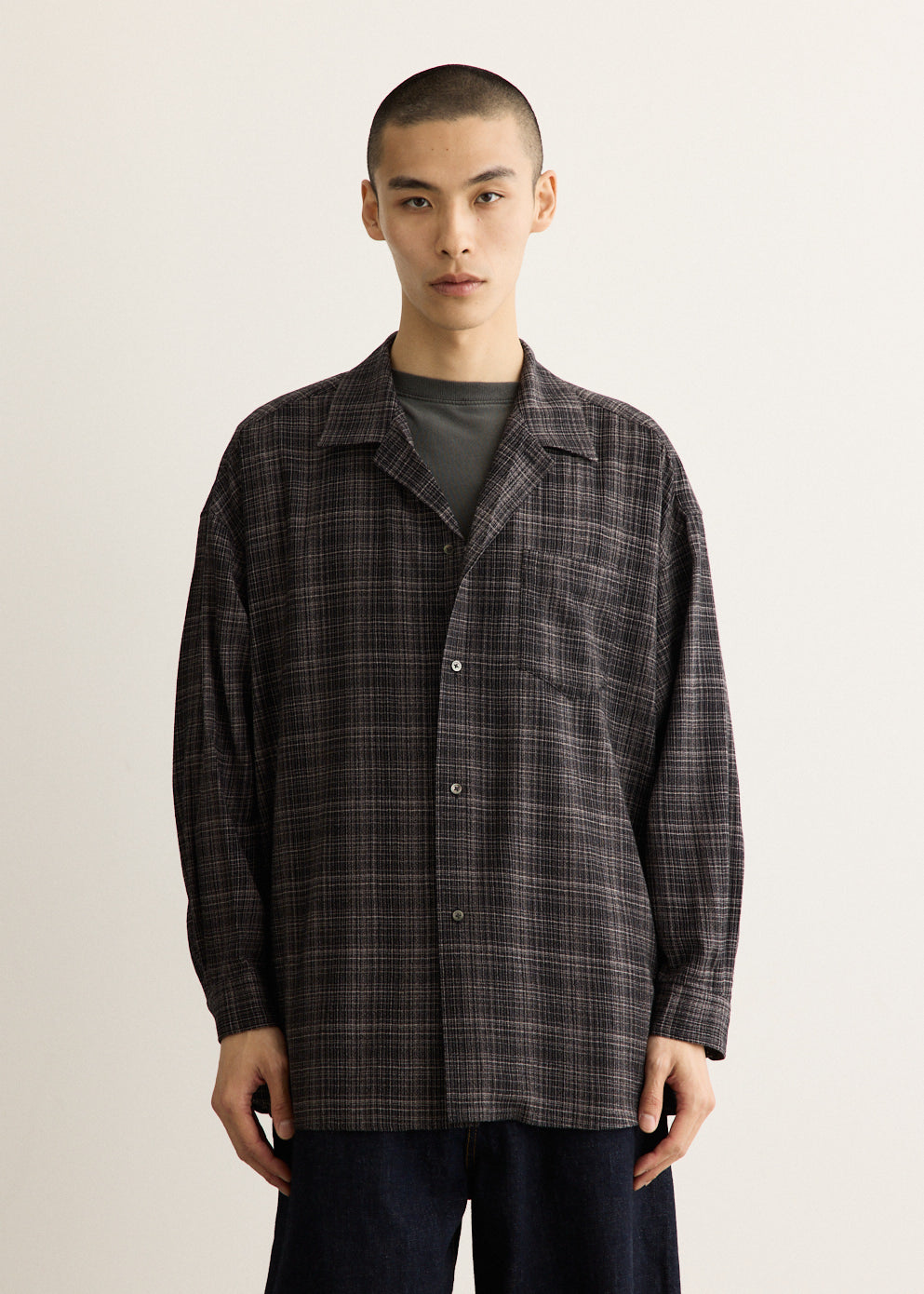 Wool Lawn Check Shirt with Open Collar and Dropped Shoulders, Oversized Fit