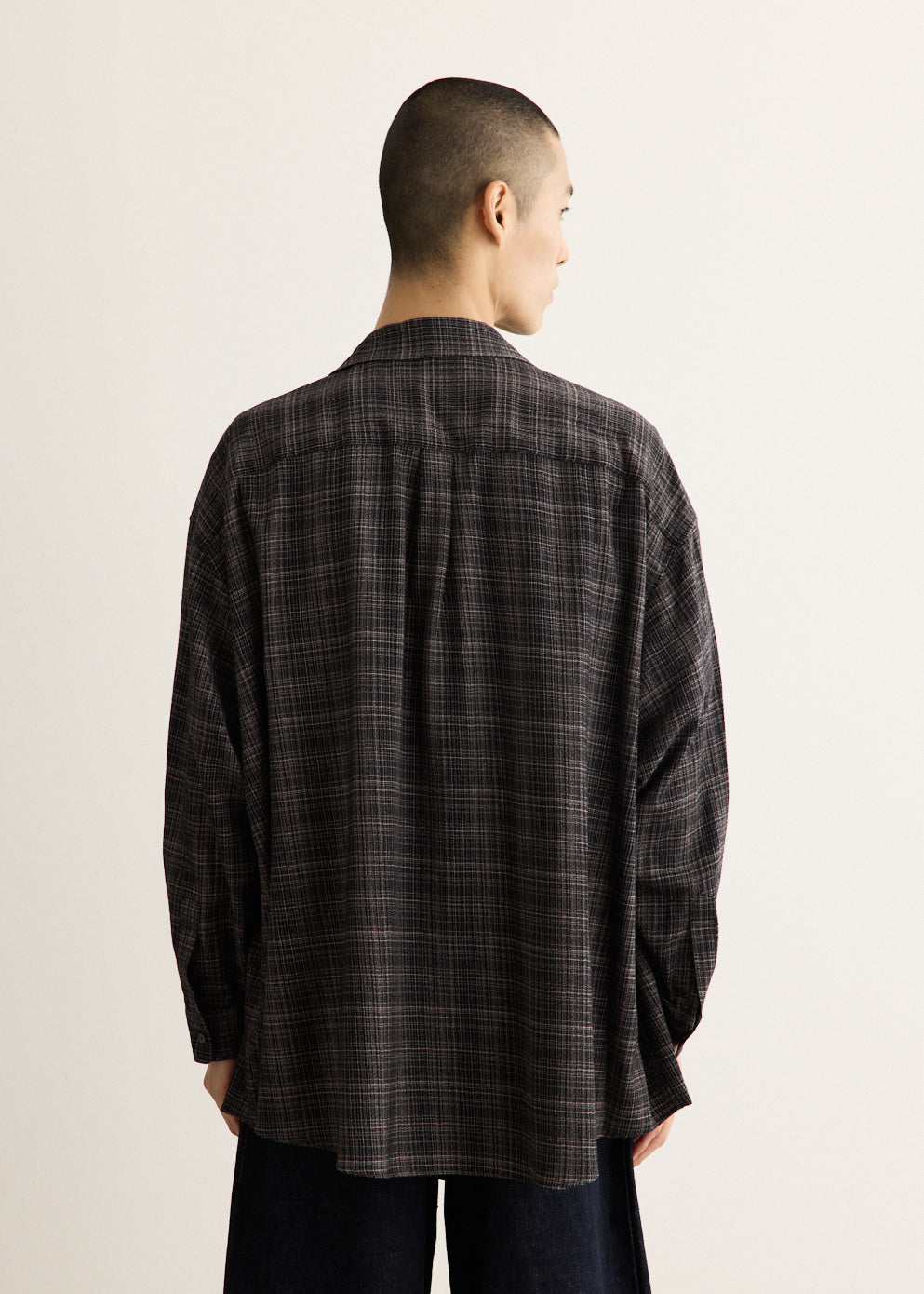 Wool Lawn Check Shirt with Open Collar and Dropped Shoulders, Oversized Fit