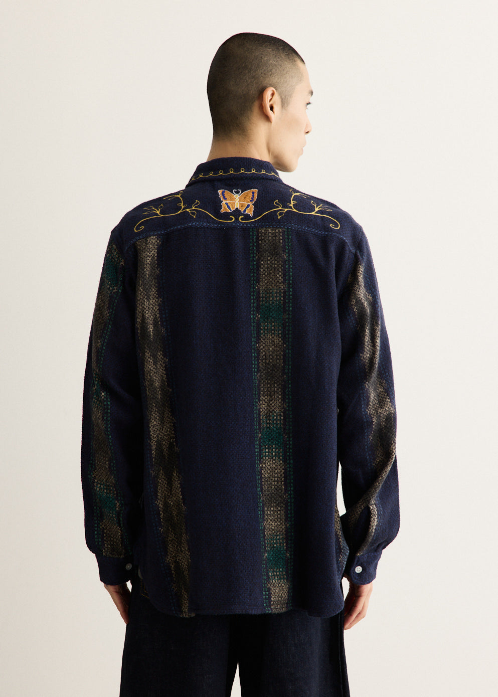 Cotton Work Shirt with Ikat Basket-Weave Fabric and Embroidered Papillon Details