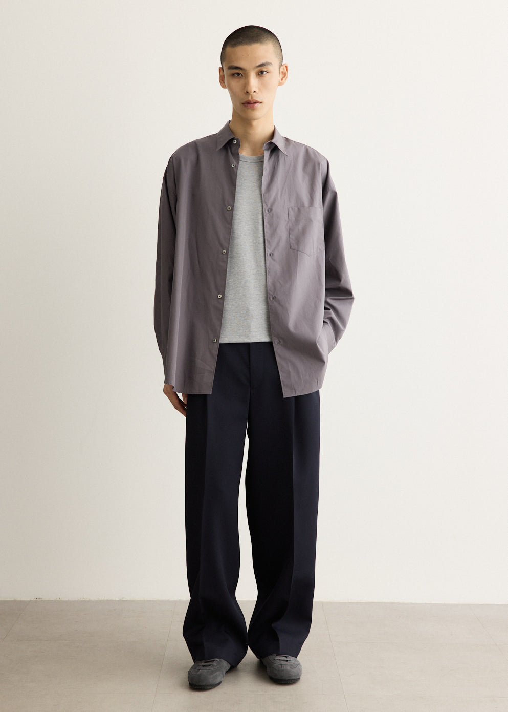 Oversized Cotton Shirt with Band Collar and Dropped Shoulders, Long Sleeves