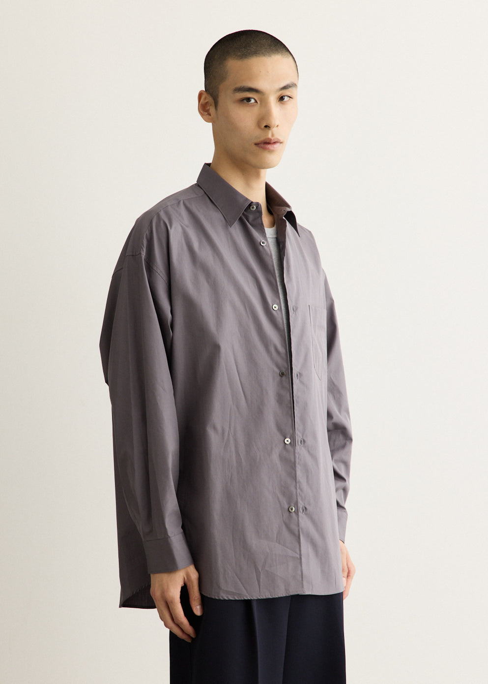 Oversized Cotton Shirt with Band Collar and Dropped Shoulders, Long Sleeves