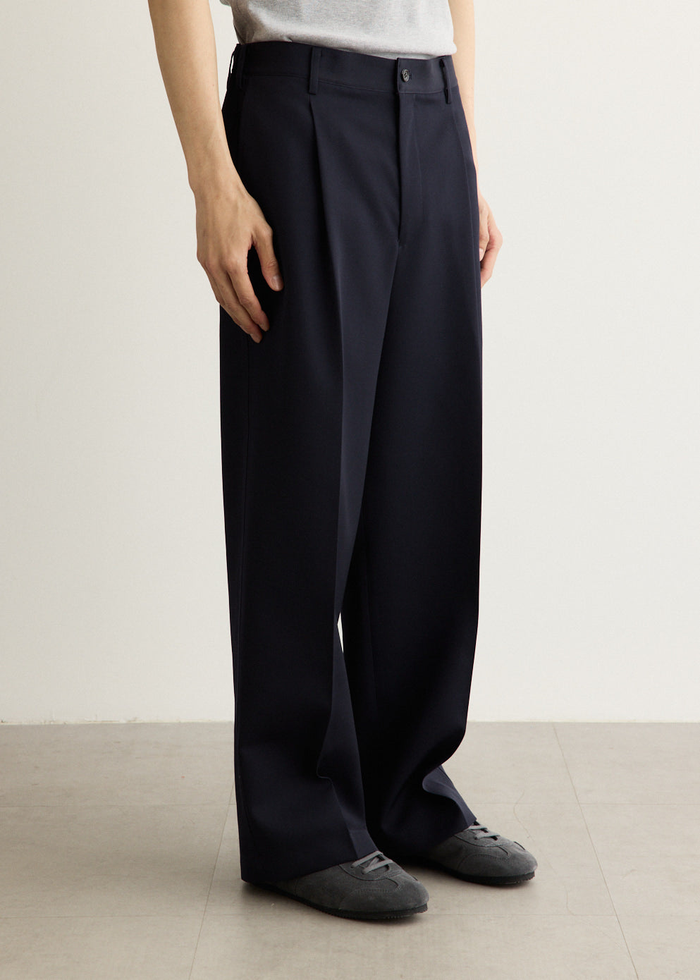 Wide Leg Wool Slacks with Front Pleats and Elasticated Waist