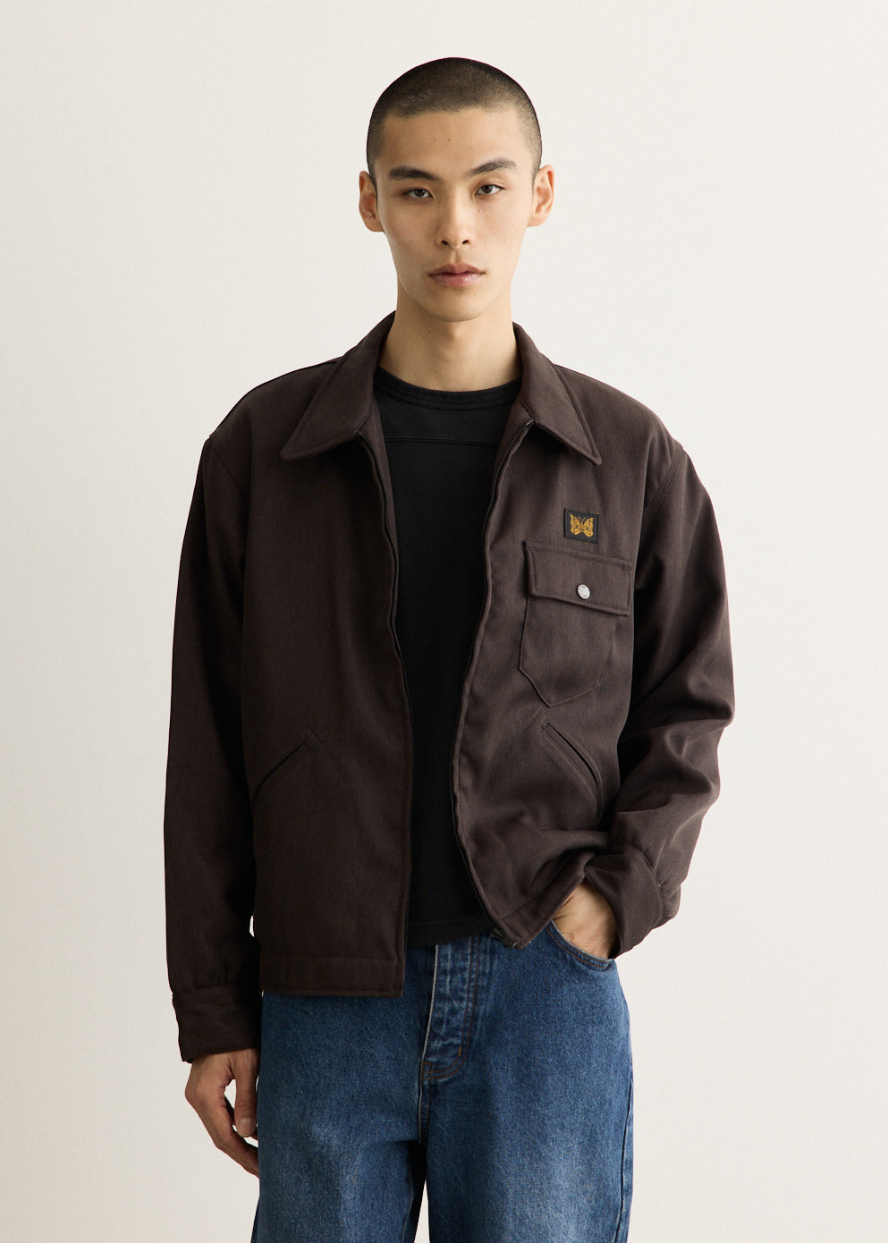 Collared Zip Jacket with Padded Lining and Chest Pocket, Relaxed Fit