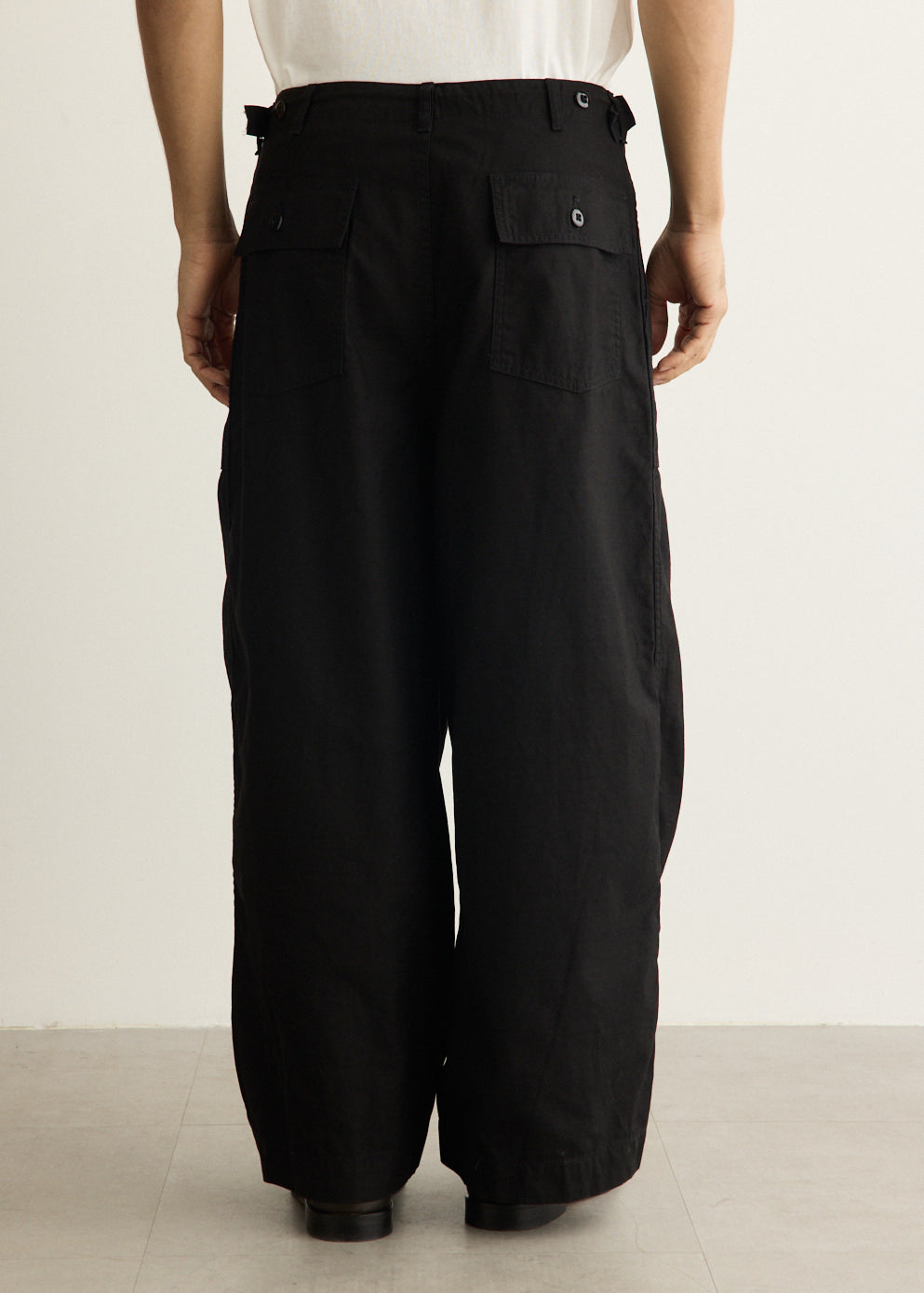 Washed Cotton Drill Fatigue Pants with Wide Leg and Drawstring Waistband