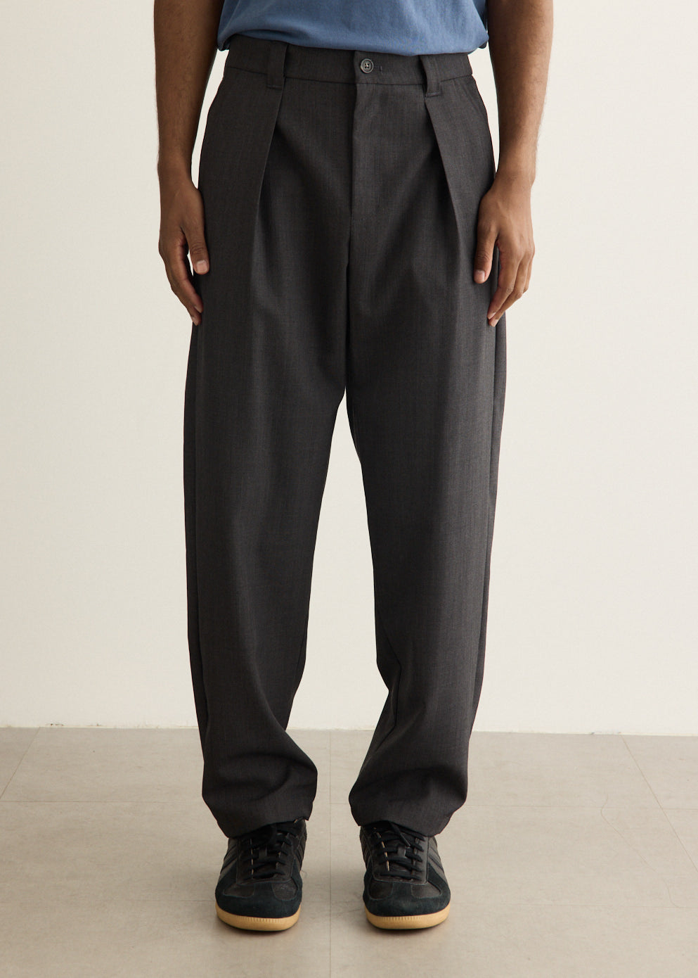 Wide-Leg Wool Blend Pants with Front Pleats and Carrot Cut Taper