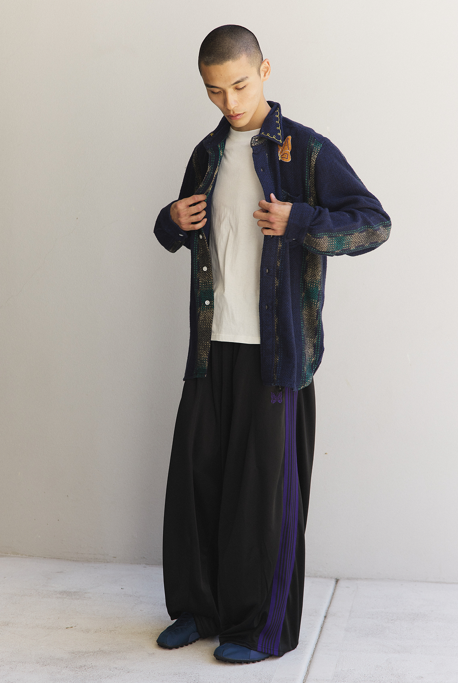 Cotton Work Shirt with Ikat Basket-Weave Fabric and Embroidered Papillon Details