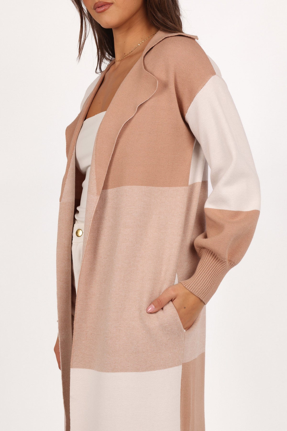 Petal and Pup USA KNITWEAR Kingston Large Check Long Cardigan - Beige Check
