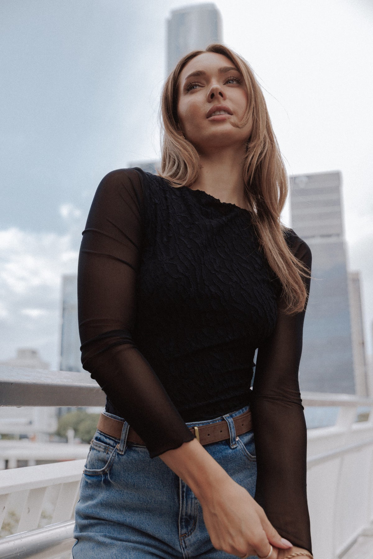 TOPS Breale Textured Mesh Top - Black