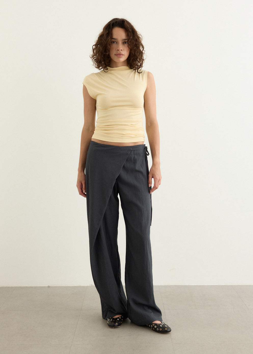 Wide Leg Wrap Pants with Textured Nylon Blend and Extended Pleat Detail