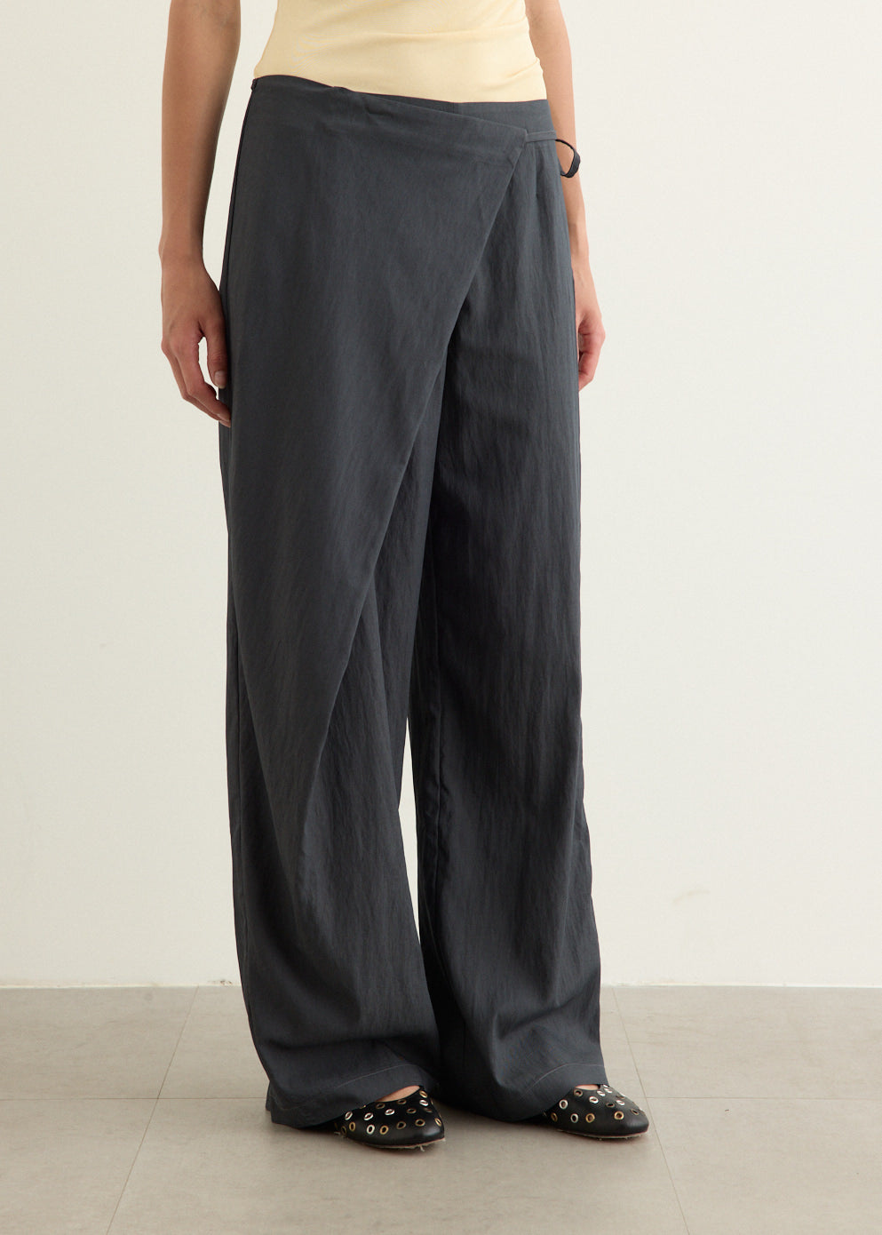 Wide Leg Wrap Pants with Textured Nylon Blend and Extended Pleat Detail