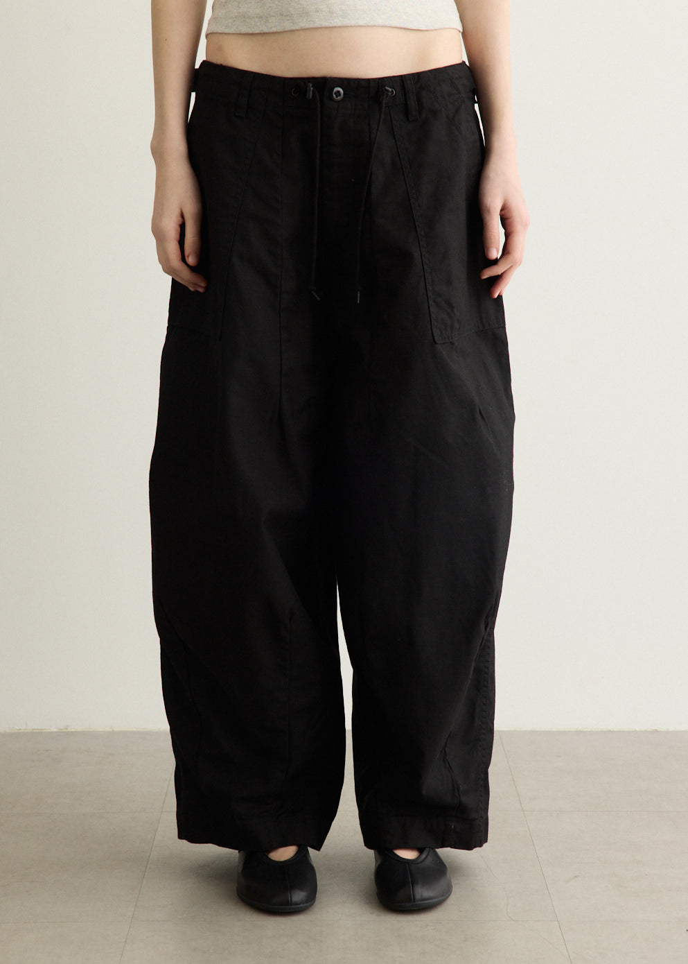 Wide Leg Cotton Drill Pants with Drawstring Waistband and Oversized Patch Pockets