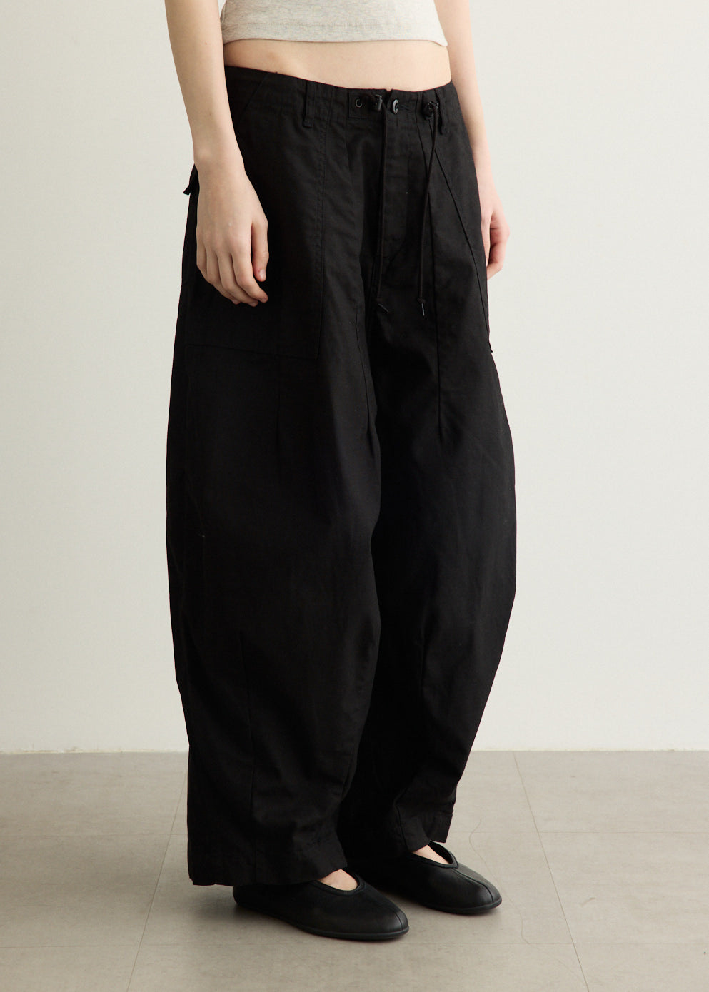 Wide Leg Cotton Drill Pants with Drawstring Waistband and Oversized Patch Pockets