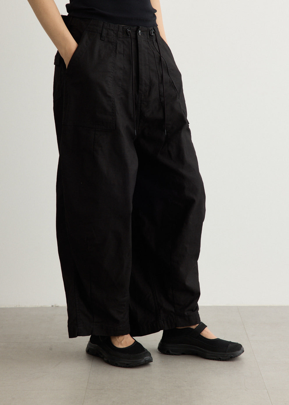 Wide Leg Cotton Drill Pants with Drawstring Waistband and Oversized Pockets