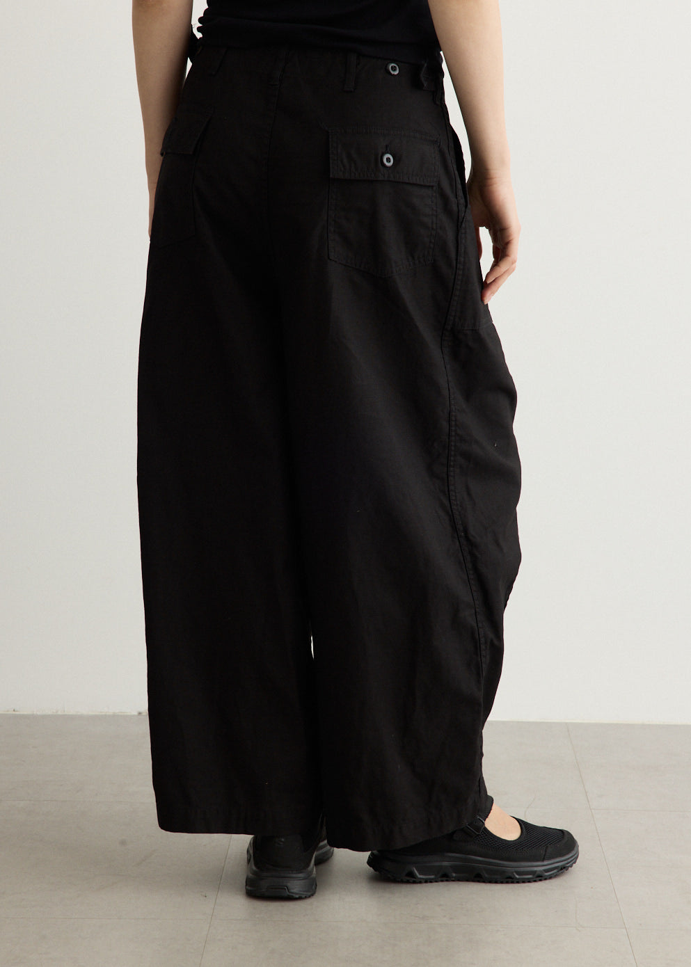 Wide Leg Cotton Drill Pants with Drawstring Waistband and Oversized Pockets