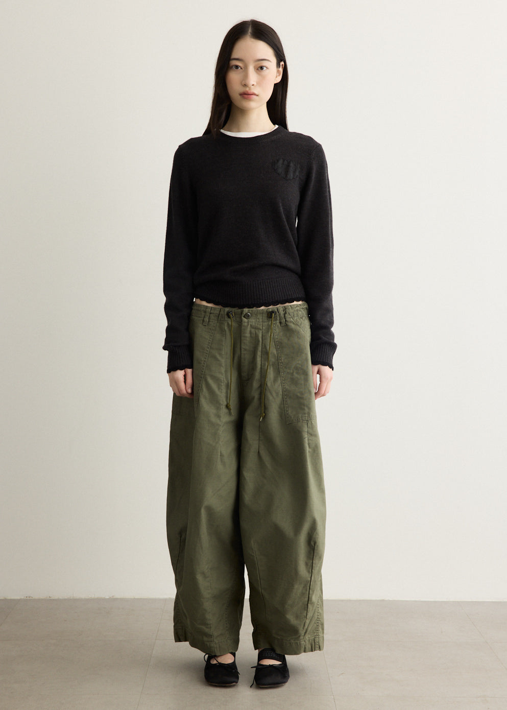 Wide Leg Cotton Pants with Drawstring Waistband and Patch Pockets