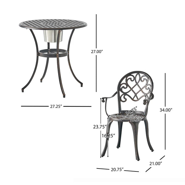 Outdoor Patio, 3 Piece Cast Aluminum Bistro Set with Built-In Ice Bucket