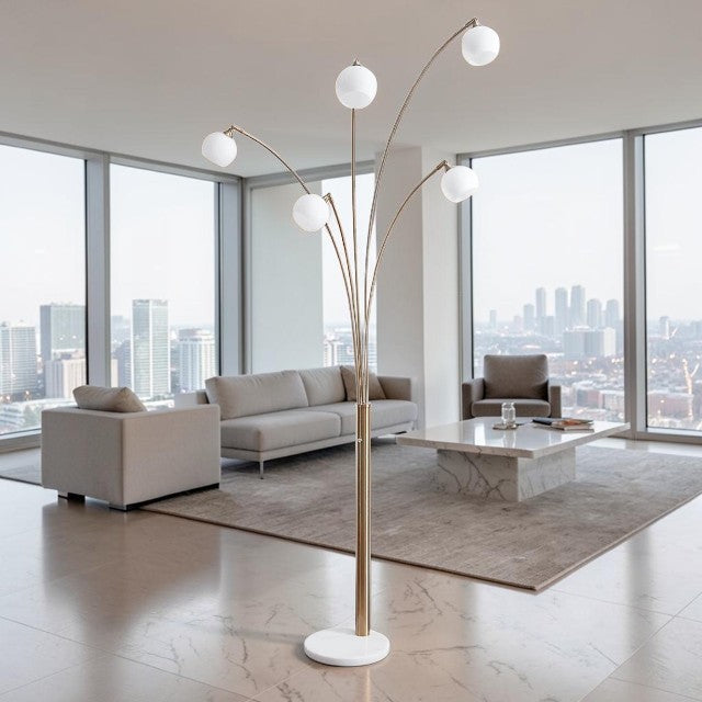 Modern 5 Light, Arc Floor Lamp with Glass Globes and Marble Base