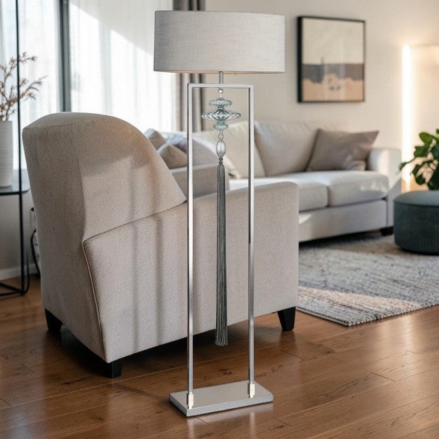 Modern Floor Lamp with Metal Frame, Glass Accent and Fabric Shade