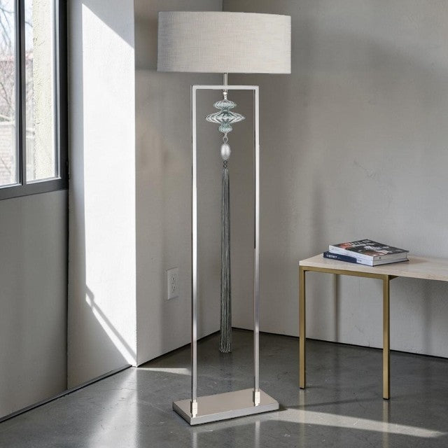 Modern Floor Lamp with Metal Frame, Glass Accent and Fabric Shade
