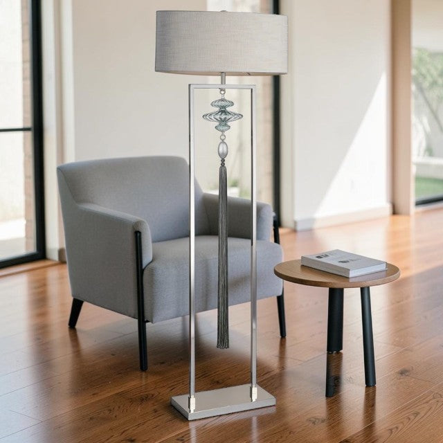 Modern Floor Lamp with Metal Frame, Glass Accent and Fabric Shade