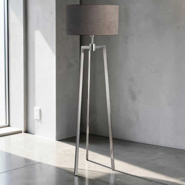 Tripod Floor Lamp with Drum Shade and Polished Metal Finish