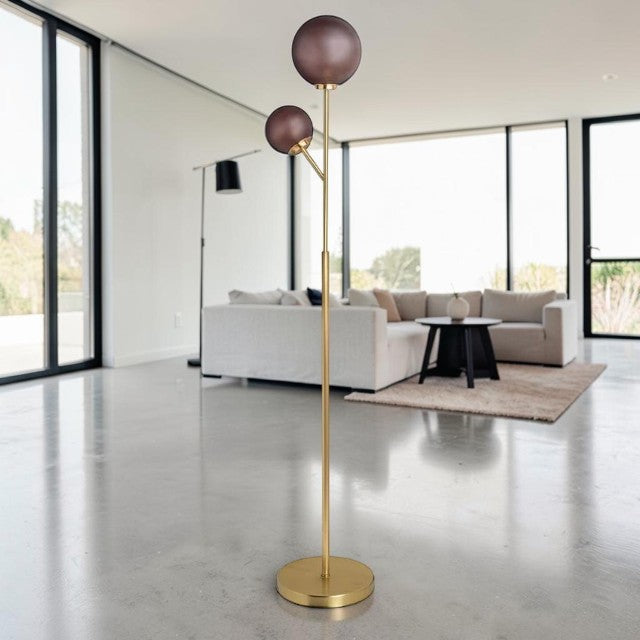 Modern Floor Lamp with Dual Frosted Glass Globes and Brass Finish