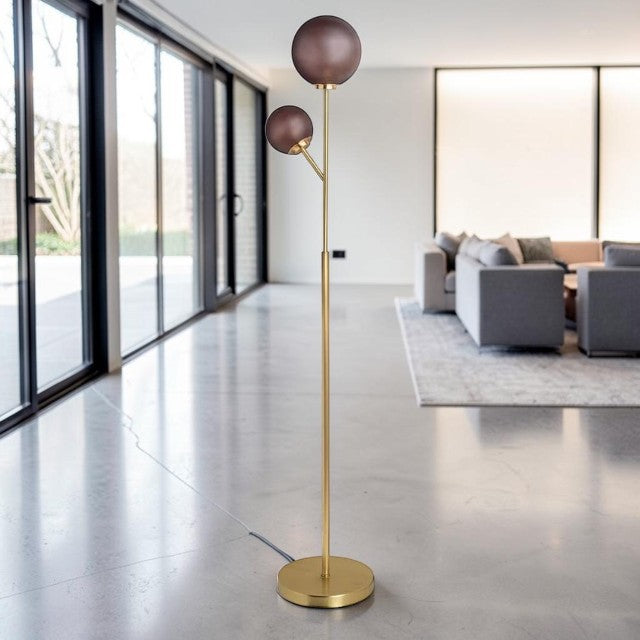 Modern Floor Lamp with Dual Frosted Glass Globes and Brass Finish