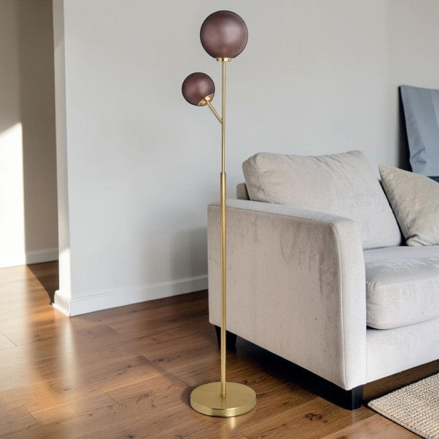 Modern Floor Lamp with Dual Frosted Glass Globes and Brass Finish