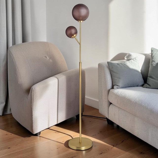 Modern Floor Lamp with Dual Frosted Glass Globes and Brass Finish