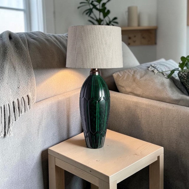 Green Ceramic, Table Lamp with Textured Base and Drum Shade
