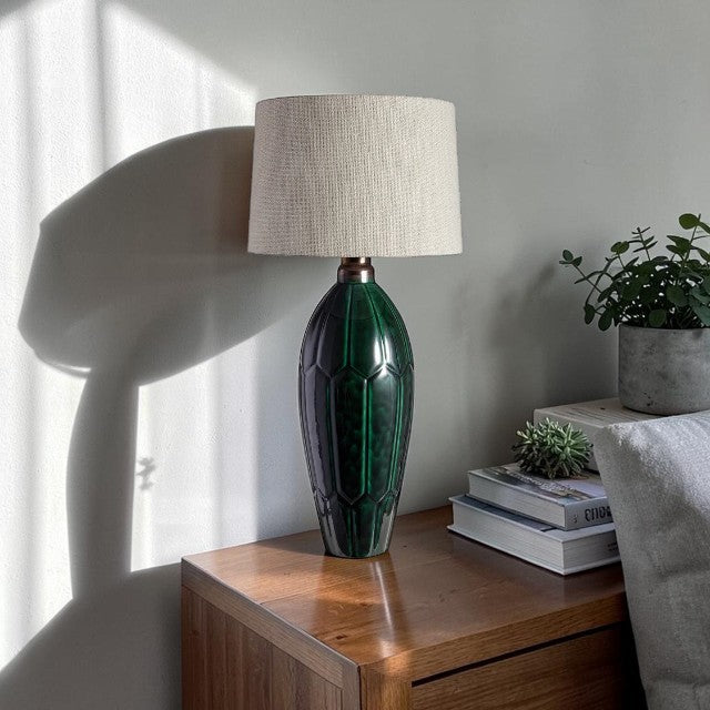 Green Ceramic, Table Lamp with Textured Base and Drum Shade