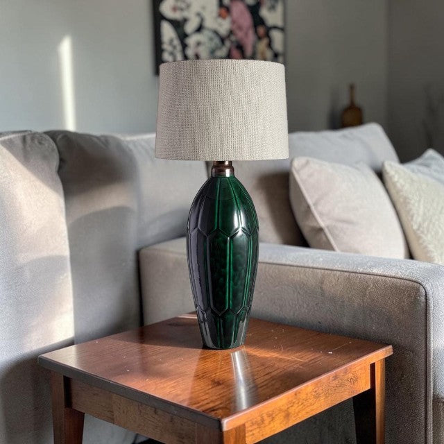 Green Ceramic, Table Lamp with Textured Base and Drum Shade