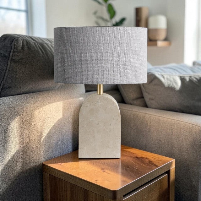 Ivory Marble, Table Lamp with Brass Accent and Drum Shade