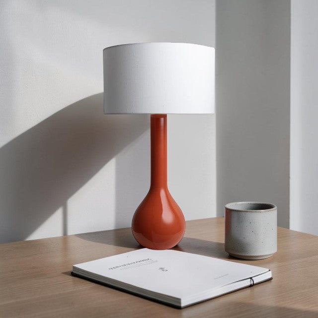 Red Ceramic, Table Lamp with Ivory Drum Shade