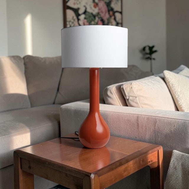 Red Ceramic, Table Lamp with Ivory Drum Shade
