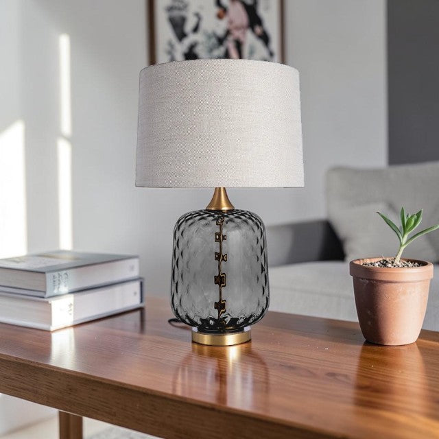 Textured Glass, Table Lamp with Gray Base and Fabric Drum Shade