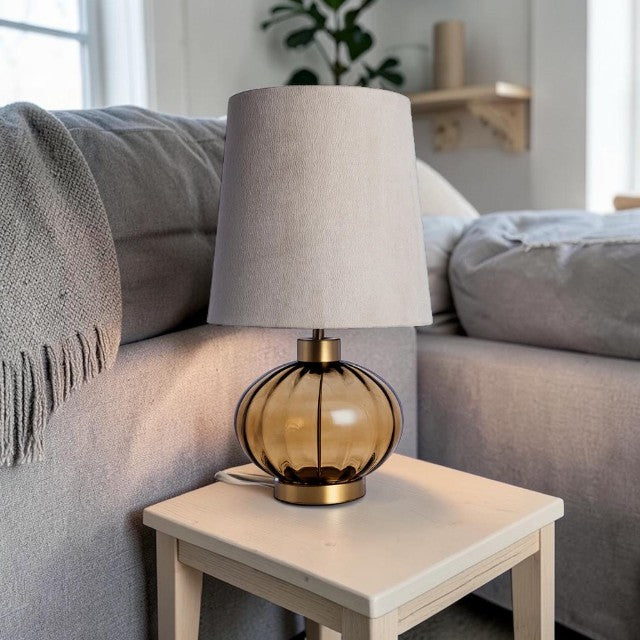 Fluted Glass, Table Lamp with Antique Brass Base and Fabric Shade