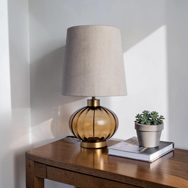 Fluted Glass, Table Lamp with Antique Brass Base and Fabric Shade