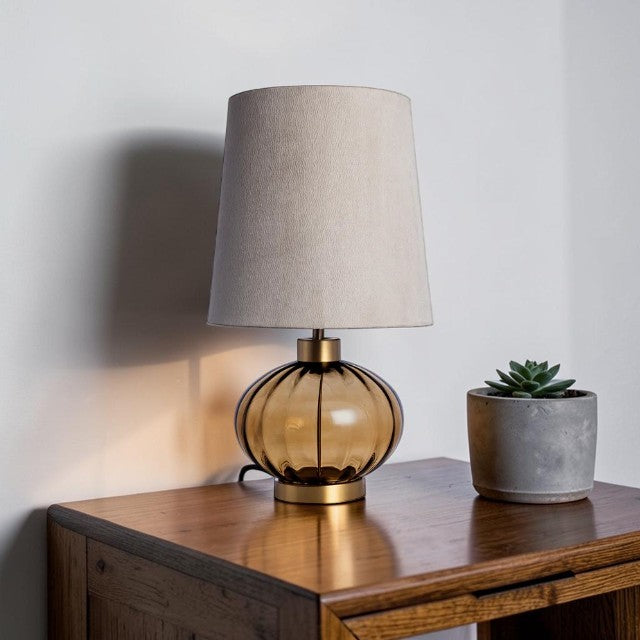 Fluted Glass, Table Lamp with Antique Brass Base and Fabric Shade