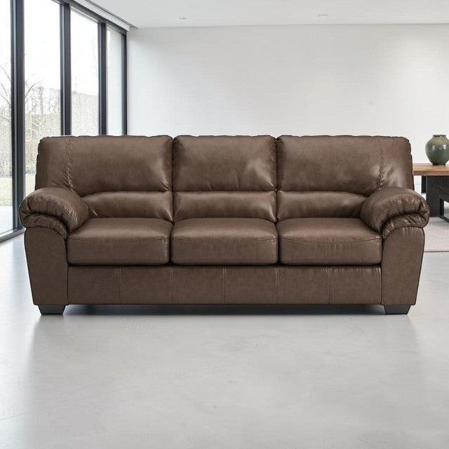 Brown Faux Leather, Sofa with Cushioned Back and Wide Arms