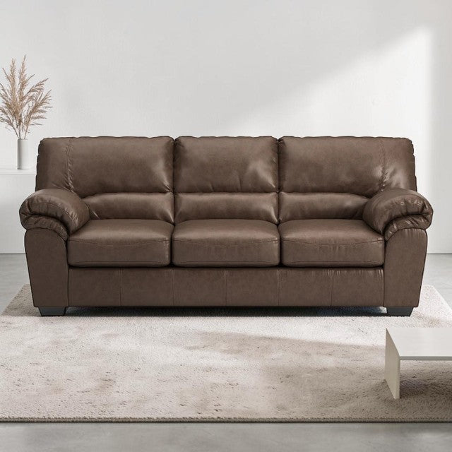 Brown Faux Leather, Sofa with Cushioned Back and Wide Arms