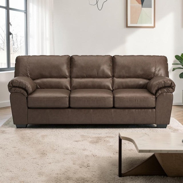 Brown Faux Leather, Sofa with Cushioned Back and Wide Arms