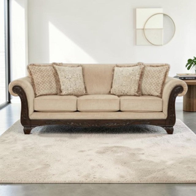 Traditional Beige Fabric, Sofa with Rolled Arms and Accent Pillows